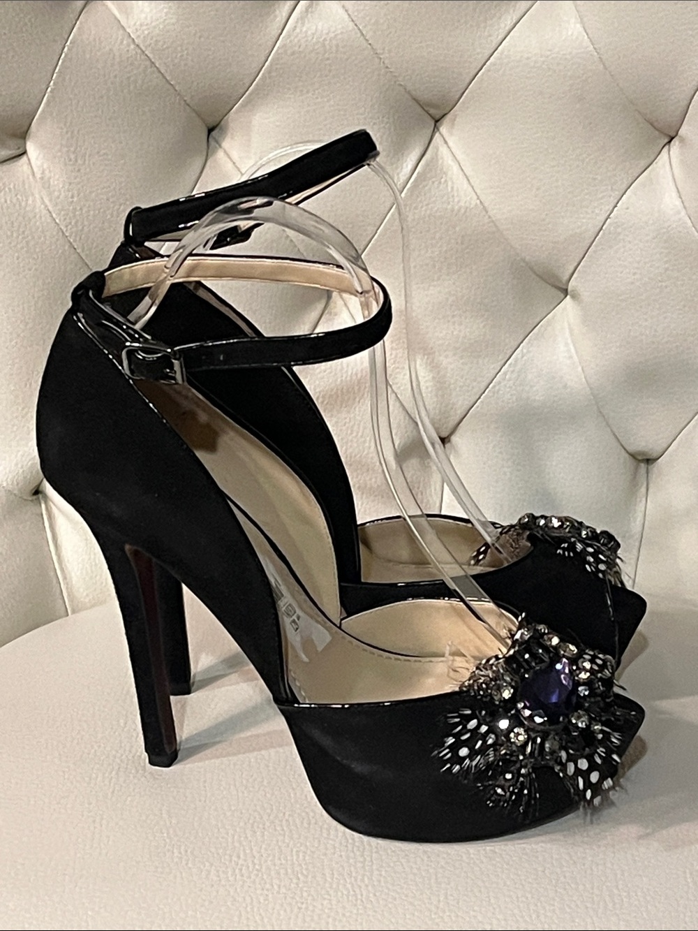 Enzo Angiolini Black Suede prep toe w Feathers jeweled Ankle Platforms Size 8 - Picture 15 of 16
